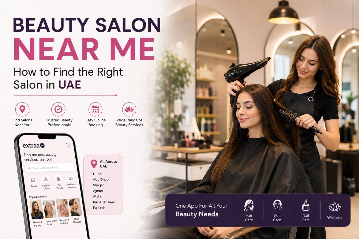 Woman searching for a beauty salon near me in UAE using Extraa AE app